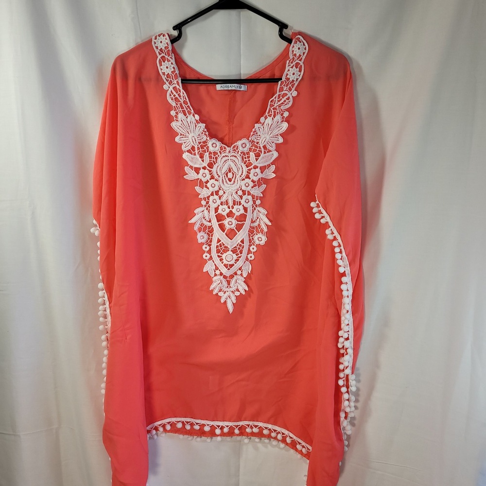 Adreamly Womens Coral Orange Chiffon Kaftan Swimsuit Cover Up Pom‎ Pom Lace Med